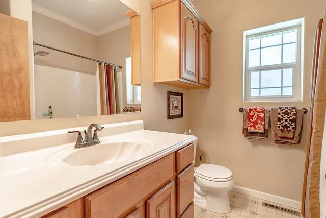 a bathroom with a sink a toilet and mirror