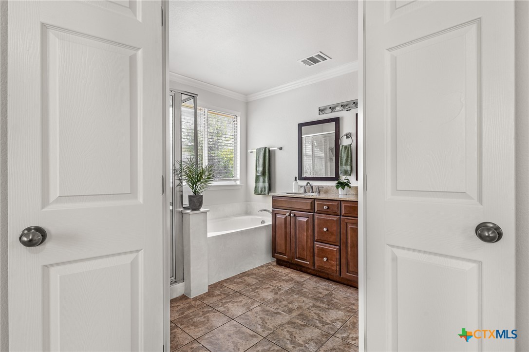 7733 Little Deer Trail Georgetown, TX 78628 - Photo 21 of 36 a bathroom with a tub a sink and a mirror