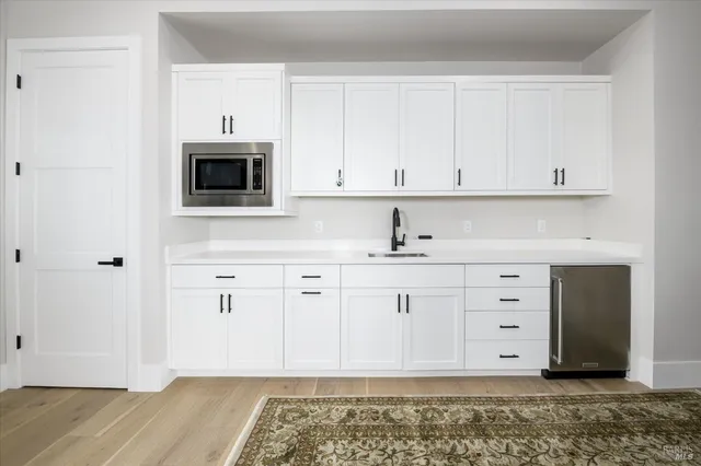 a garage with a table and chairs