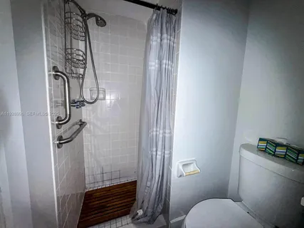 a bathroom with a shower curtain and a window