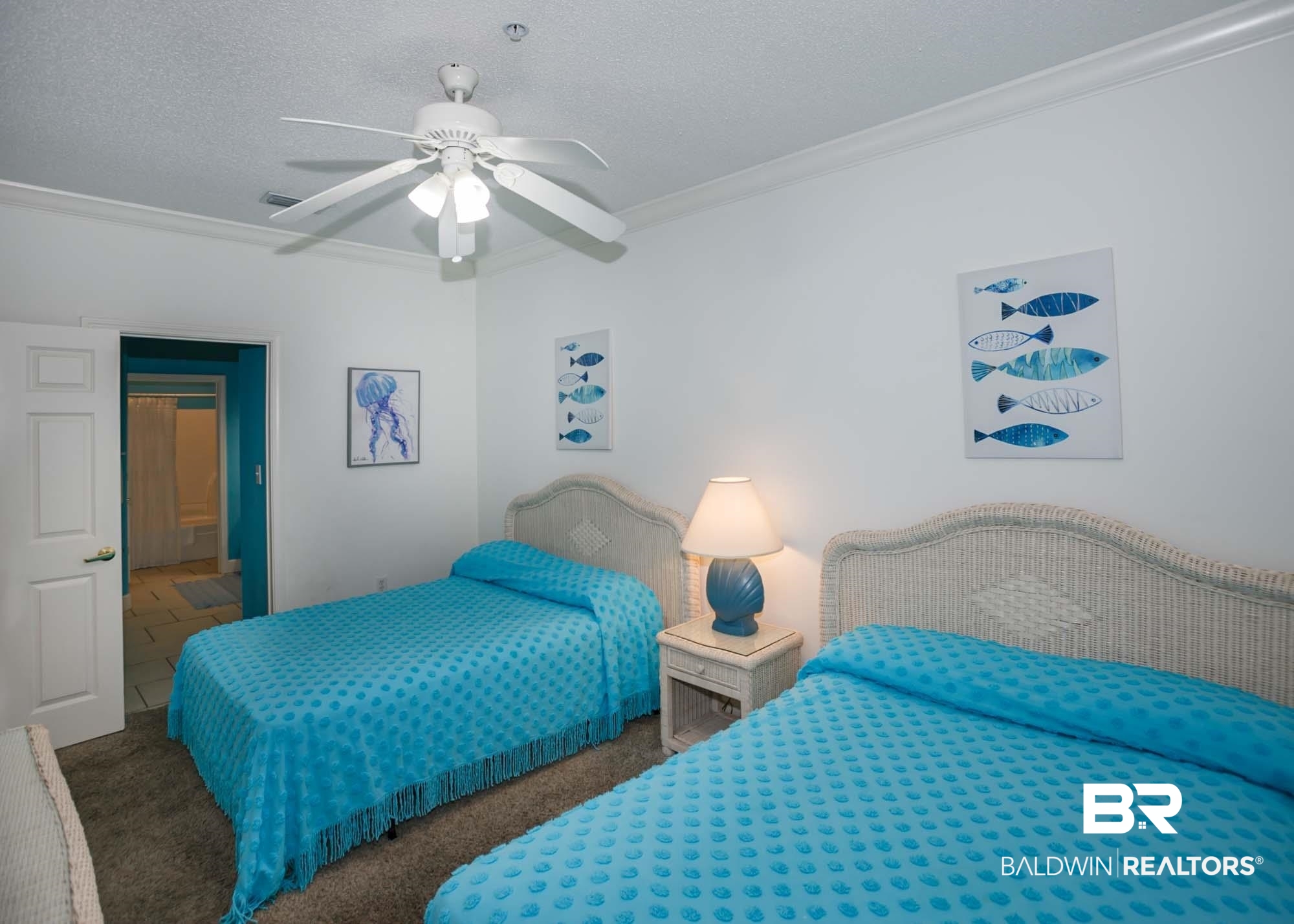 28910 Perdido Beach Boulevard, Unit 4B Orange Beach, AL 36561 - Photo 36 of 48 Bedroom with carpet flooring, a ceiling fan, crown molding, and a textured ceiling