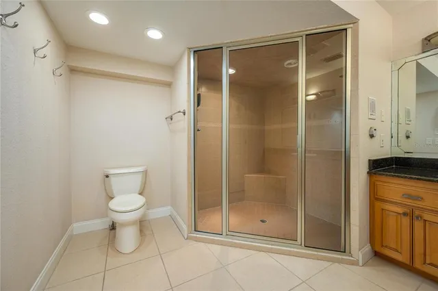 a bathroom with a shower and a toilet