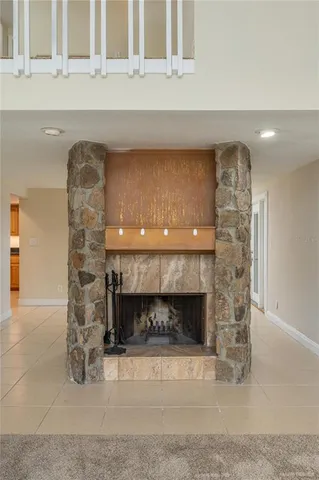 a room with a fireplace