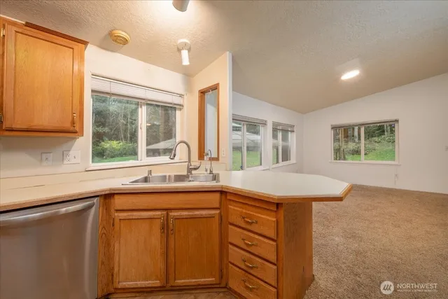 a kitchen with a sink window and cabinets