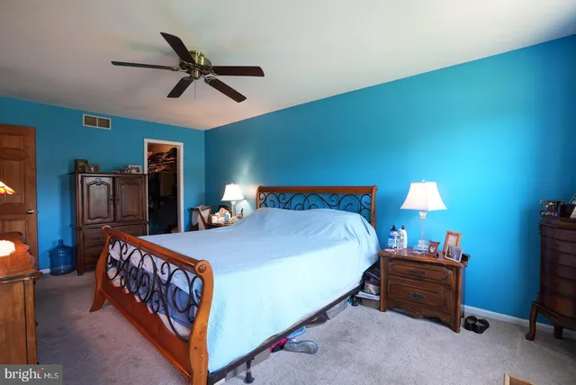 a bed room with a bed and a ceiling fan