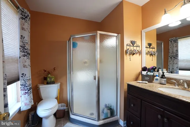 a bathroom with a sink a toilet a mirror and shower