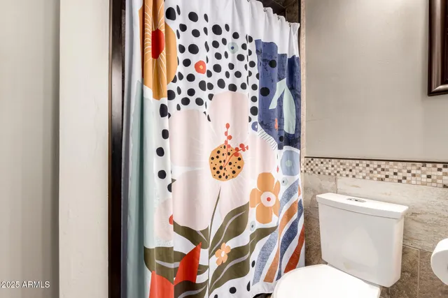 a white toilet sitting next to a shower curtain