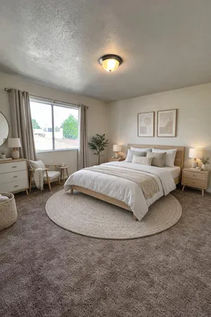 a bedroom with a bed and large windows