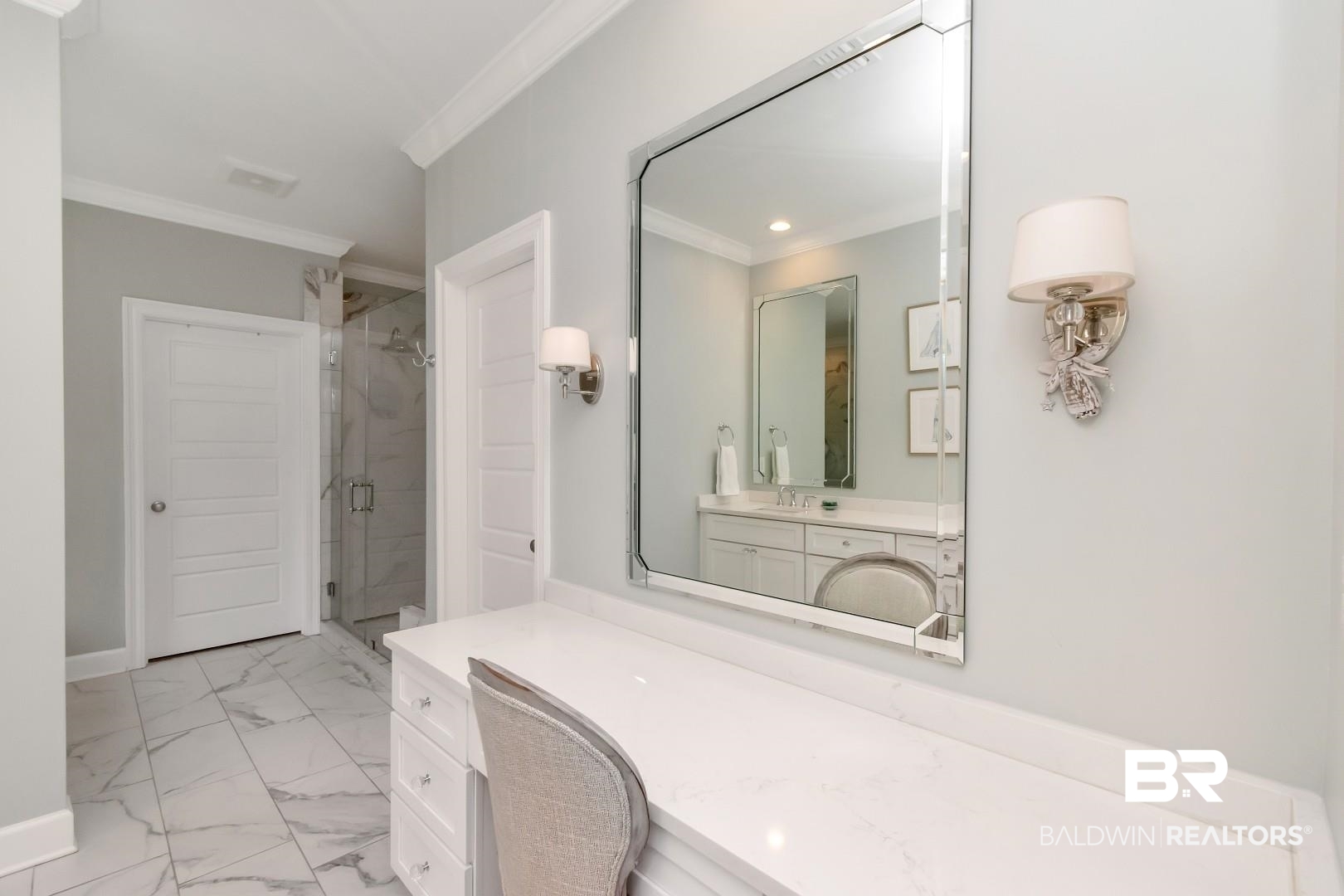 319 Springhill Woods Drive Mobile, AL 36608 - Photo 25 of 39 Full bath with a marble finish shower, vanity, light marble finish flooring, and ornamental molding