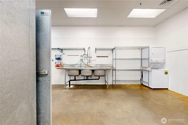 a view of a room with racks on the wall