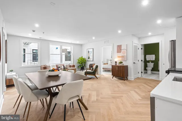 a view of a dining room with furniture