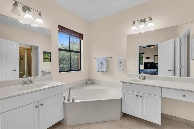a bathroom with a tub a sink double vanity and a mirror