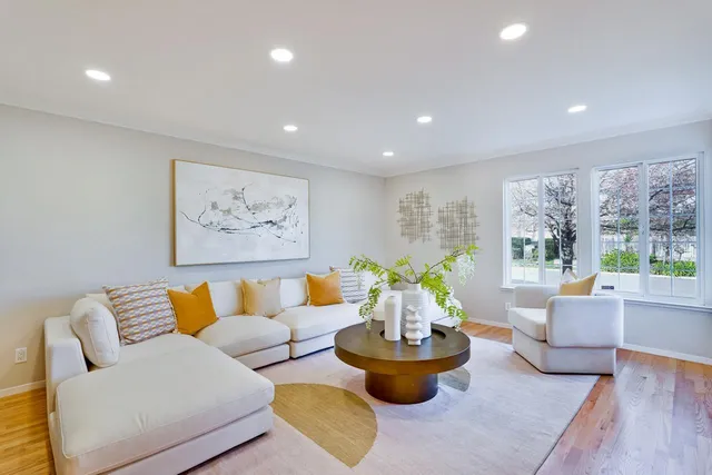 a living room with furniture and a potted plant