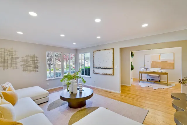 a living room with furniture and a potted plant