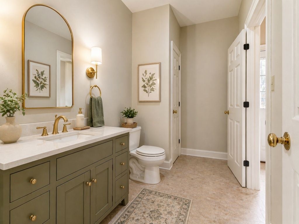 18590 Plank Road Courtland, VA 23837 - Photo 22 of 48 Bathroom featuring a single vanity with a green cabinet, a white countertop, and gold-finish fixtures
