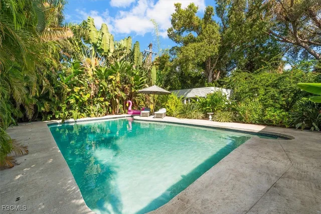 a view of a swimming pool with a yard and plants
