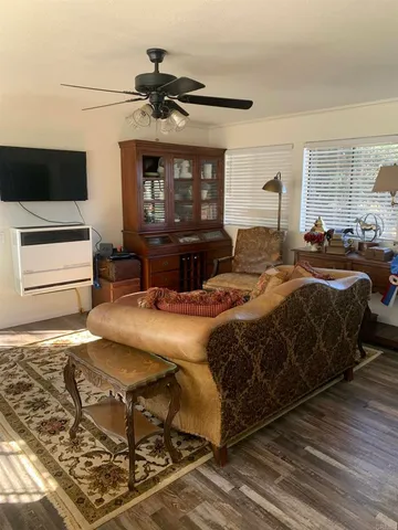 an aerial view of a house with a yard and large trees