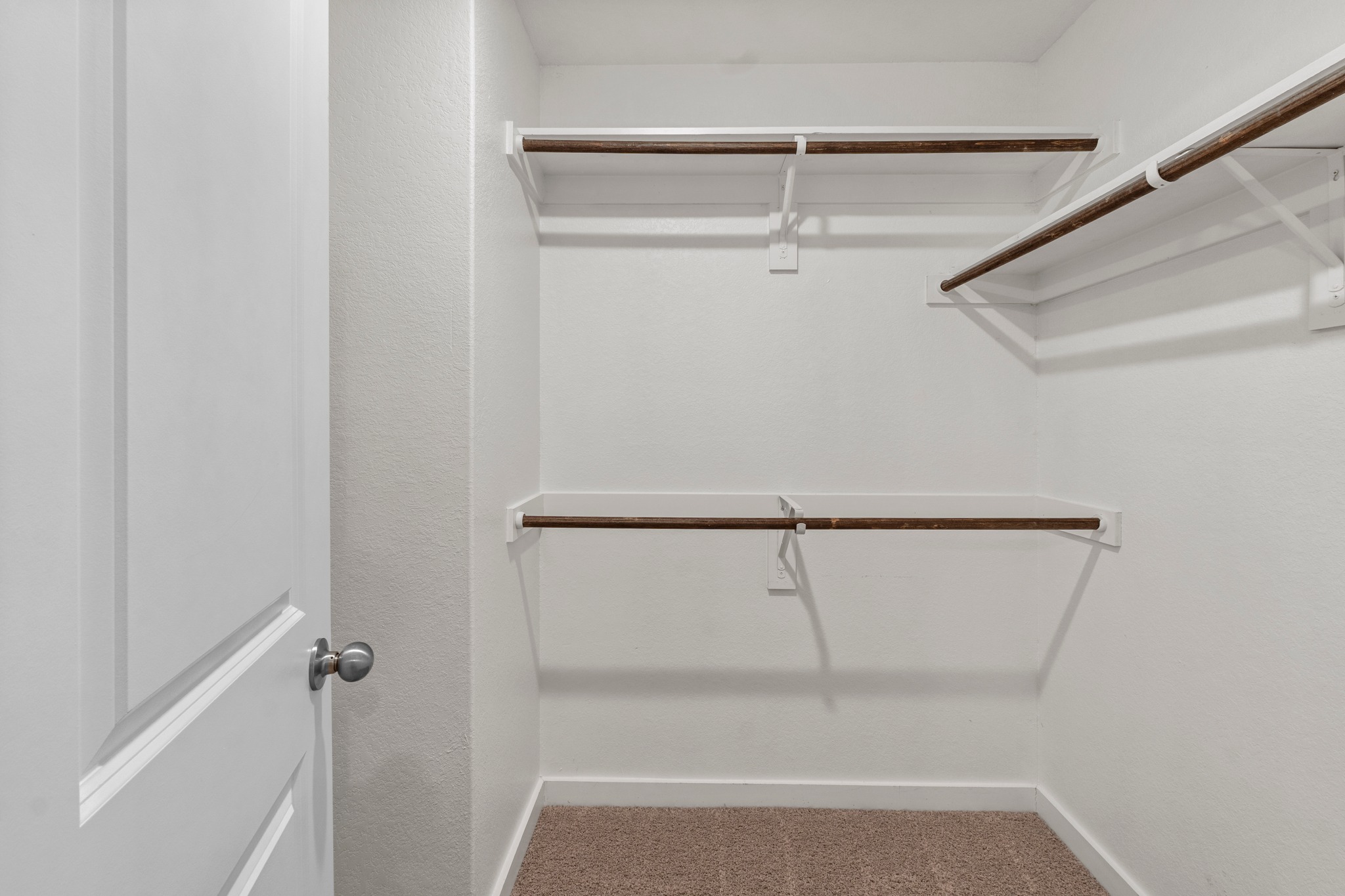 2251 Rocoso Trail Leander, TX 78641 - Photo 21 of 34 Multi-level hanging rods and integrated shelving optimize storage space within this carpeted closet.