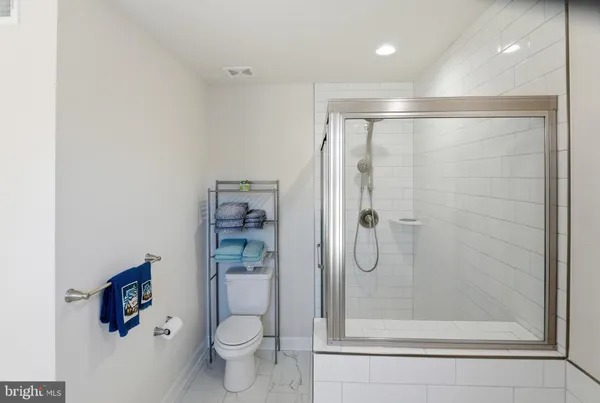 a bathroom with a shower and a toilet