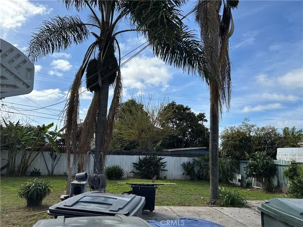 a view of a backyard with plants and a patio