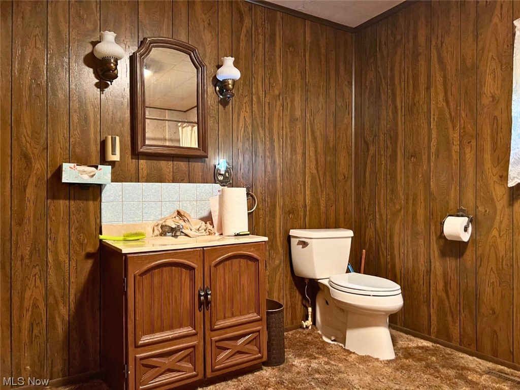 282 Magnolia Road Northwest Dellroy, OH 44620 - Photo 21 of 27 Bathroom with wood walls, vanity, and toilet