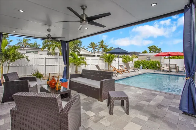 swimming pool view with a seating space