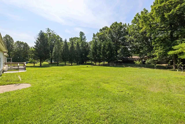 a view of swimming pool with lawn chairs and large trees
