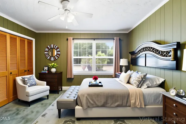 a bedroom with a bed and a couch