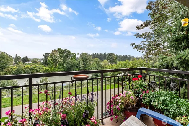 a view of a balcony with flower plants