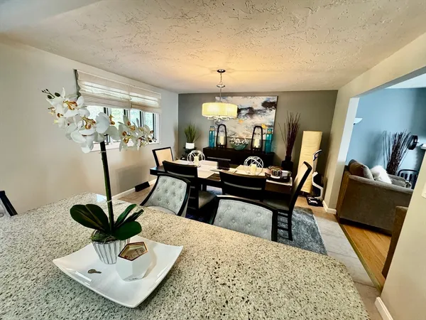a living room with furniture a chandelier and a dining table