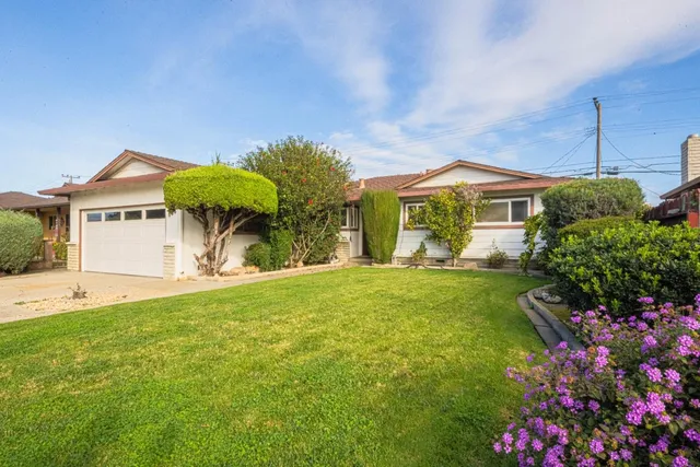 a view of a house with a big yard and potted plants