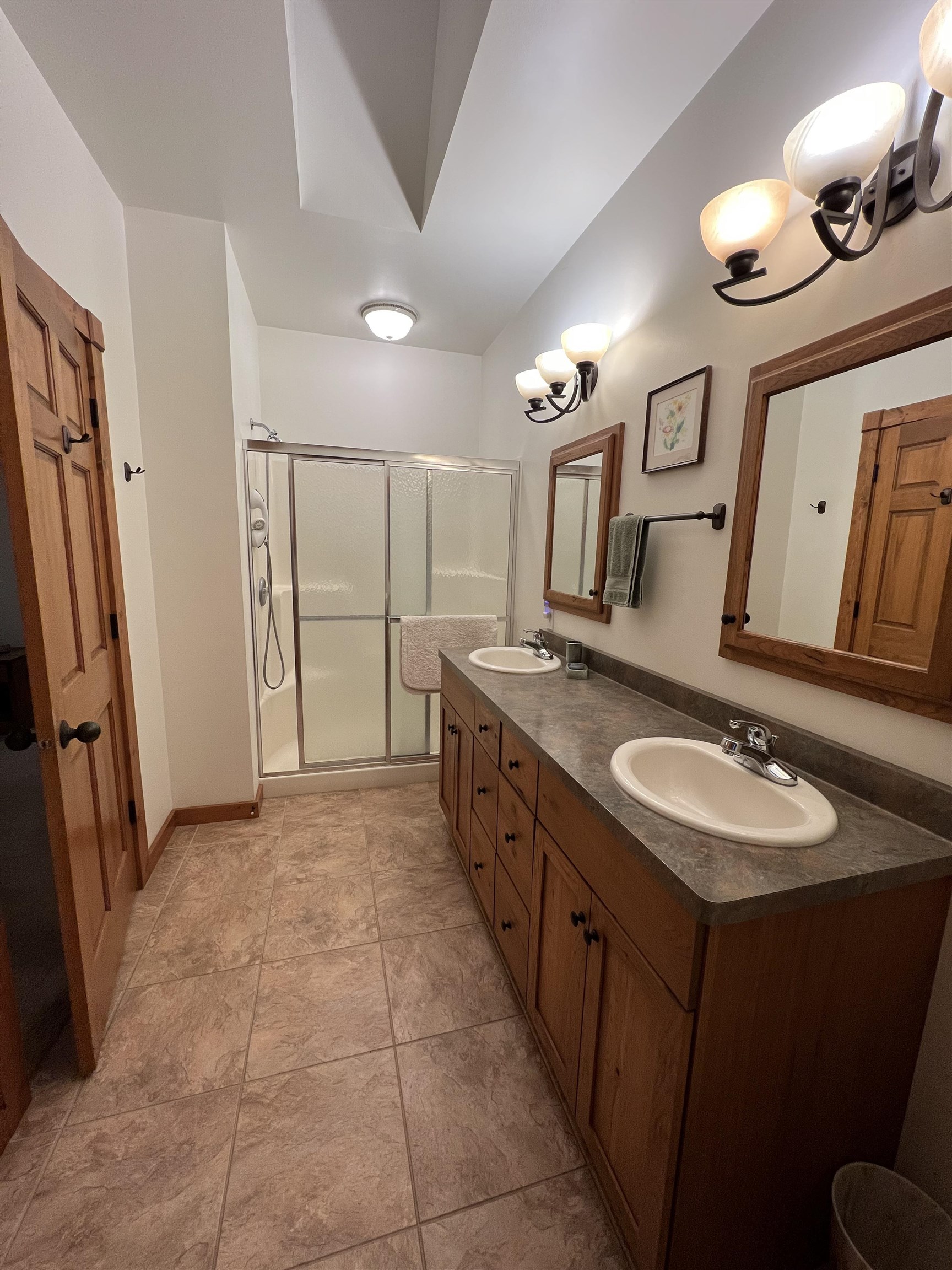 4707 South Elmoville Road Stockton, IL 61085 - Photo 29 of 43 a spacious bathroom with a double vanity sink a mirror and a shower