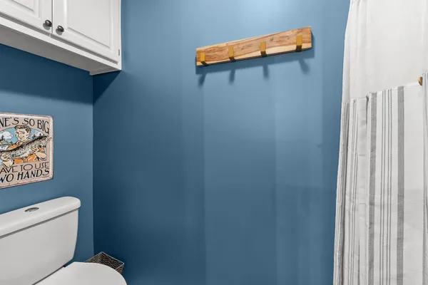 a white toilet sitting next to a shower curtain