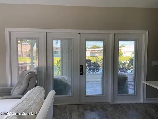 a view of a potted flower in front of a glass door with a fountain
