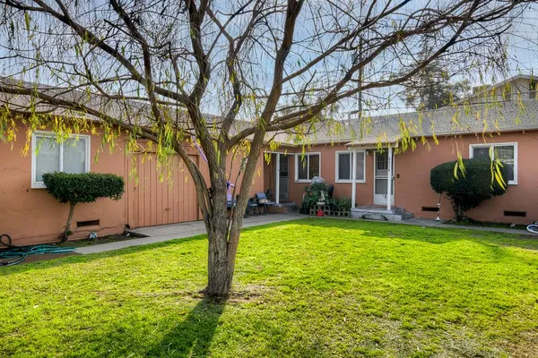 a view of a house with a yard and a large tree