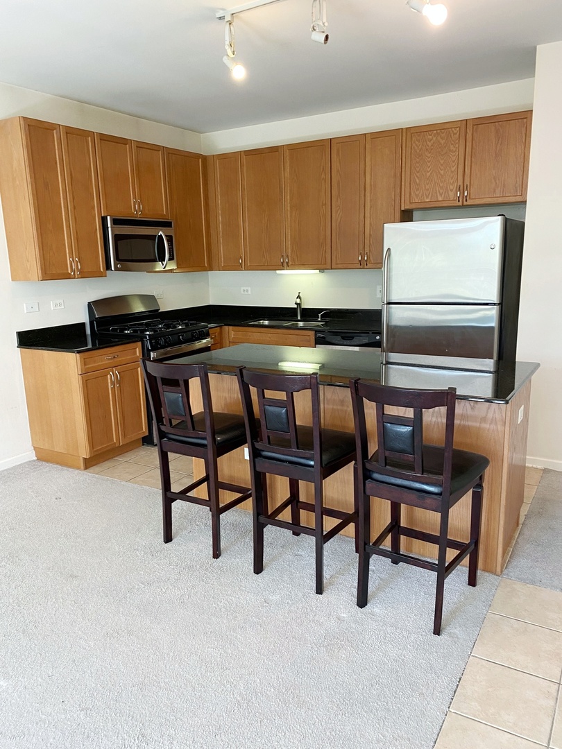 1415 South Halsted Street, Unit 3A Chicago, IL 60607 - Photo 3 of 14 a kitchen with stainless steel appliances granite countertop wooden cabinets a stove top oven a sink and dishwasher