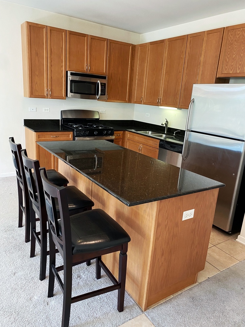 1415 South Halsted Street, Unit 3A Chicago, IL 60607 - Photo 4 of 14 a kitchen with stainless steel appliances granite countertop a stove a microwave a sink and a refrigerator