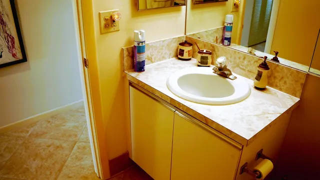 a bathroom with a sink and a mirror