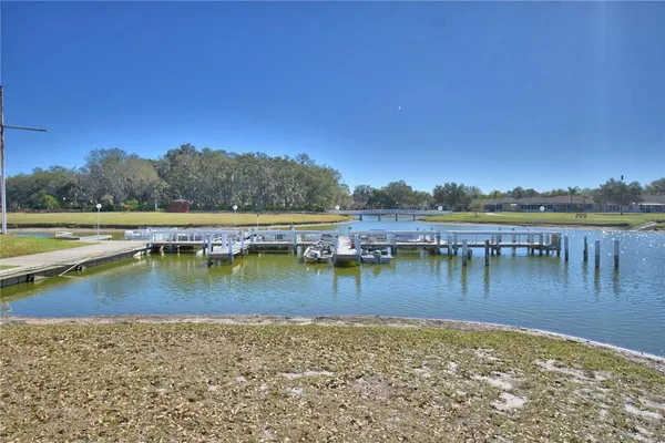 a view of a lake with houses in the back