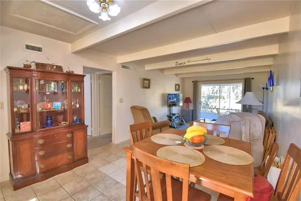 a dining room with furniture a rug a potted plant and wooden floor
