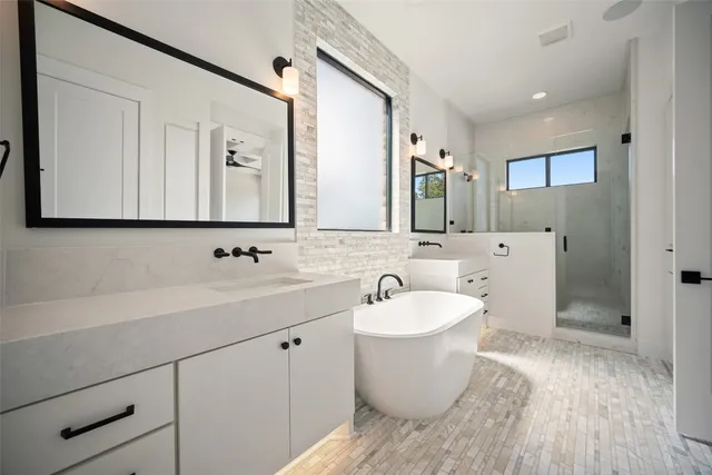 a view of a hallway with wooden shelves