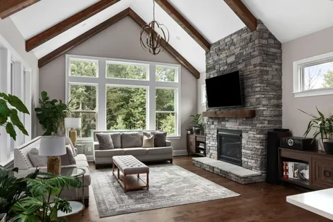 a living room with furniture fireplace and potted plant
