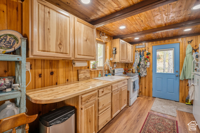 714 Spotted Fawn Way Kamas, UT 84036 - Photo 13 of 34 Kitchen featuring light wood-type flooring, white appliances, wood walls, light countertops, and a wood ceiling with exposed beams