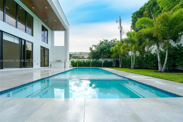 a view of a swimming pool with a yard