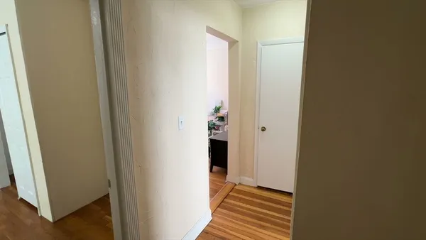 a view of a hallway with wooden floor and entryway