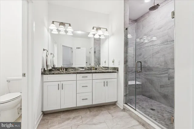 a bathroom with a granite countertop sink a toilet and a shower