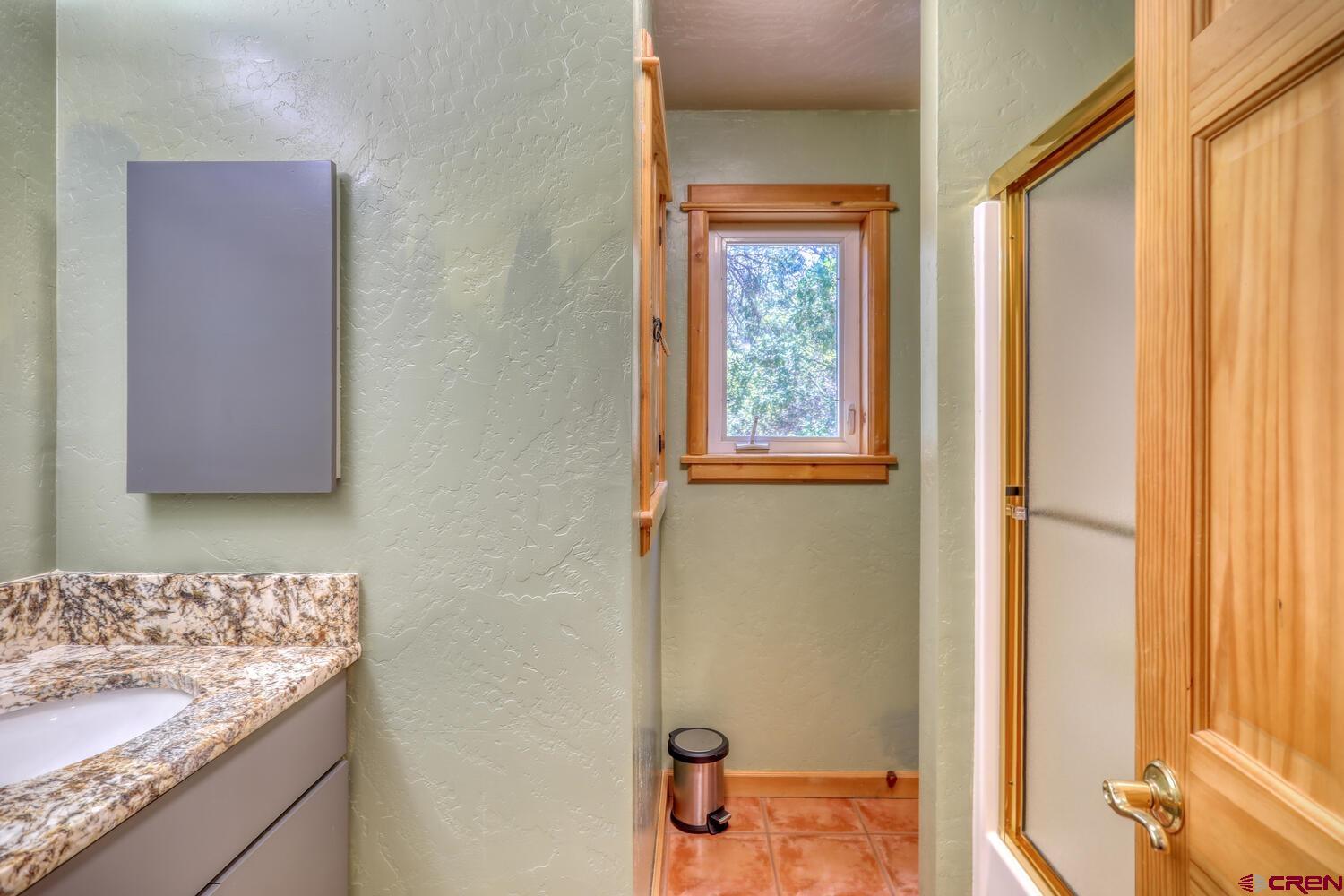 569 Eight Mile Loop Pagosa Springs, CO 81147 - Photo 21 of 31 a bathroom with a granite countertop sink and a mirror