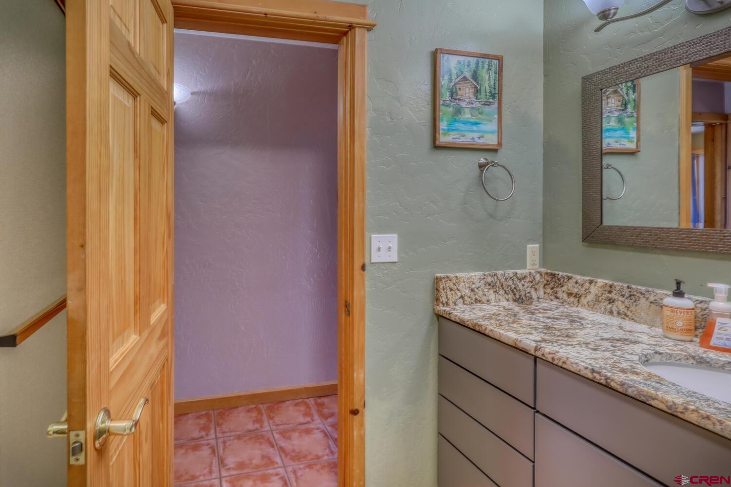 569 Eight Mile Loop Pagosa Springs, CO 81147 - Photo 22 of 31 a bathroom with a granite countertop sink and a mirror