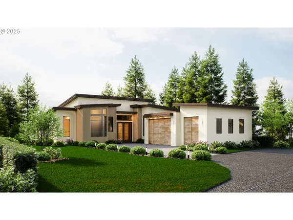 a black and white house with a yard