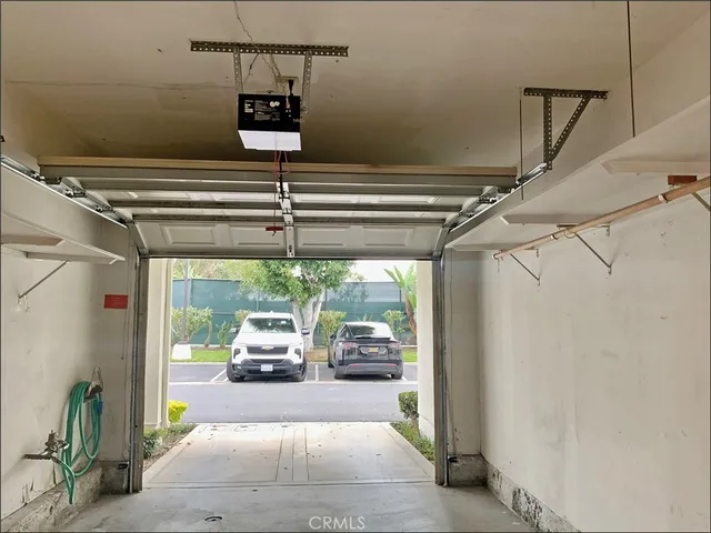 a hallway with a bench in it